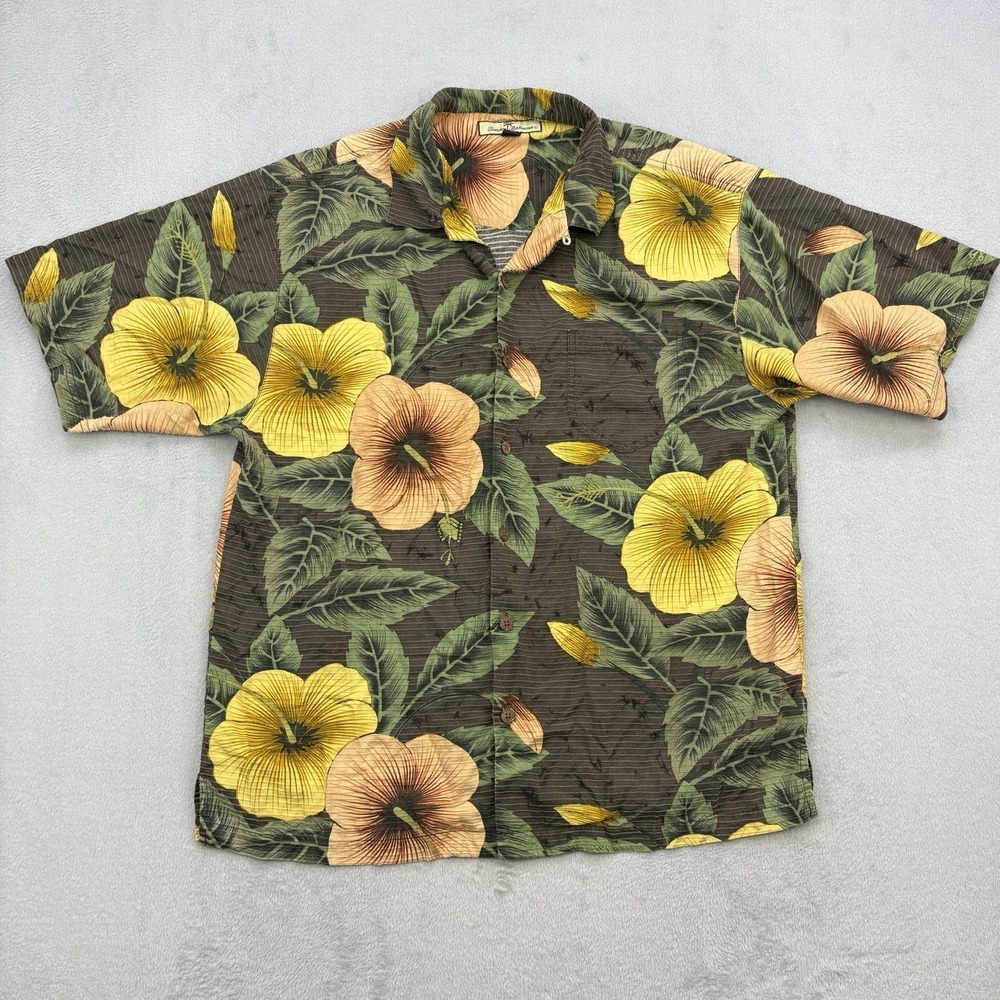 Tommy Bahama Shirt Mens Large Green Camp Loop Collar Silk Ribbed Floral Pocket